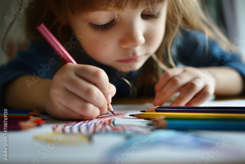 Wallpaper Mural Cute little girl drawing with colorful pencils at a daycare. Creative kid painting at school. Girl doing homework at home. Torontodigital.ca