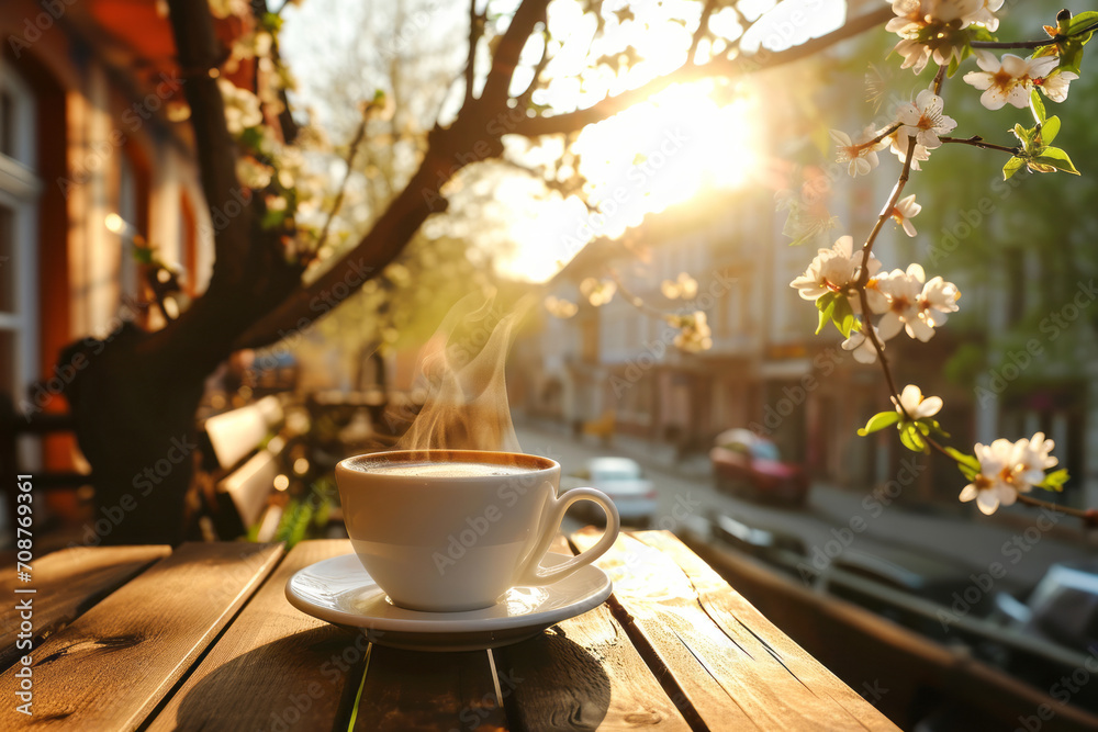 Cup of coffee on a table of outdoor cafe on sunny spring day in typical European town. Having a cup of hot beverage in the morning. - obrazy, fototapety, plakaty 