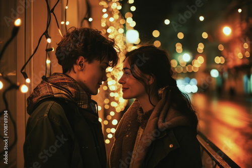 Young teen couple on their first date. Teenage boy and teenage girl celebrating Valentine's Day. Boyfriend and girlfriend spending time together outdoors. First love concept.