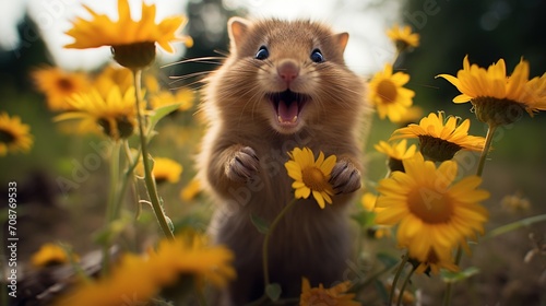 Small Rodent Surrounded by Yellow Flowers