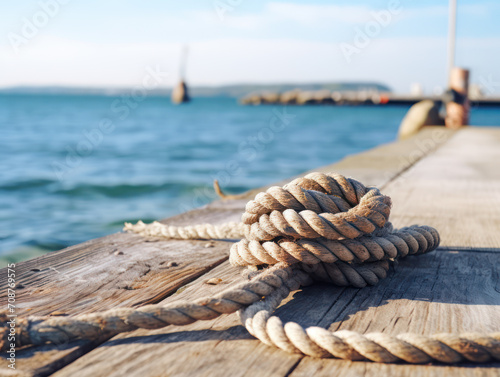 Rope for mooring a vessel is attached to a pier, ropes for fishing boats at the pier