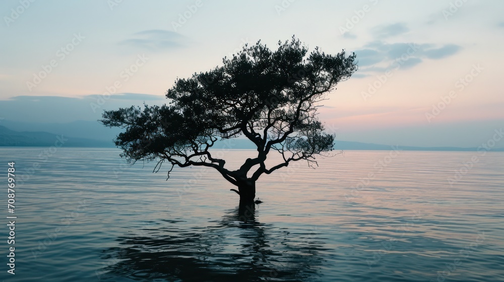 a lone tree in the middle of a body of water with a sunset in the background and a few clouds in the sky over the water and over the water. a lone tree in the middle of a body of water with a sunset in the background and a few clouds in the sky over the water and over the water.