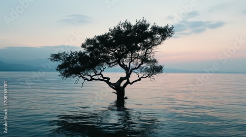  a lone tree in the middle of a body of water with a sunset in the background and a few clouds in the sky over the water and over the water.