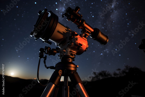 Telescope on tripod against starry night sky. Astronomy concept