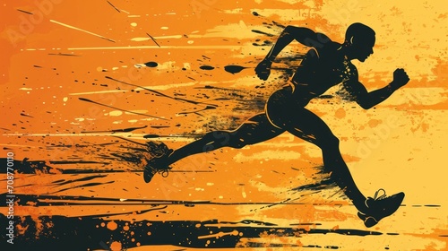  a silhouette of a man running on an orange, yellow, and black grungy background with a splash of paint over the image of a man running in the foreground.