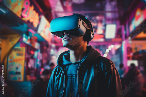 Young man wearing virtual reality glasses in a night club. Technology and entertainment concept.