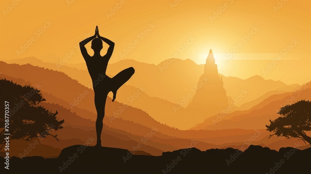  a silhouette of a person doing a yoga pose in front of a mountain range with the sun setting in the background and a silhouette of trees and mountains in the foreground.