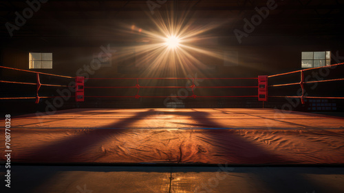 Empty boxing ring with spotlights, preparation for boxing match competition © Kedek Creative