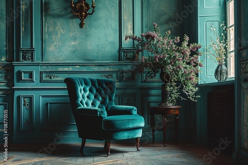 Beautiful luxury classic blue green clean interior room in classic style with green soft armchair. Vintage antique blue-green chair standing beside emerald wall. Minimalist home photo