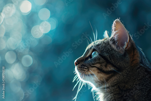 Beautiful cute gray cat on a blue bokeh background © Andrii Yalanskyi
