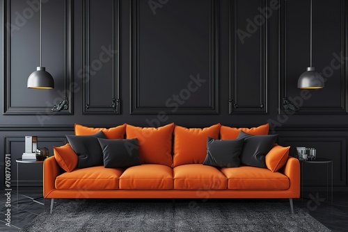 Black mock up wall with orange sofa in modern interior background, living room, Scandinavian style