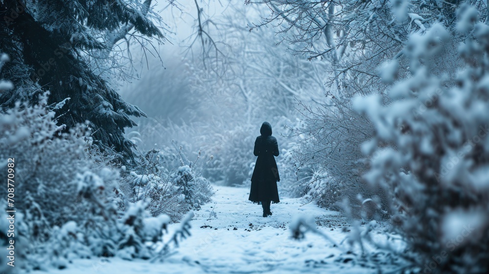 a woman standing in the middle of a snow covered forest with trees and ...