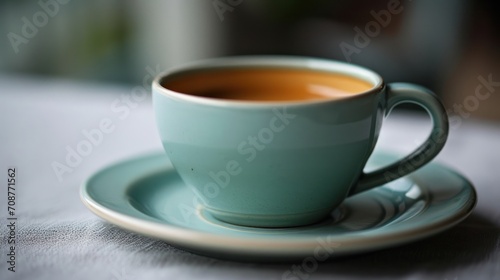  a cup of coffee sitting on top of a saucer on top of a white table covered with a white table cloth and a white table cloth with a blurry in the background.