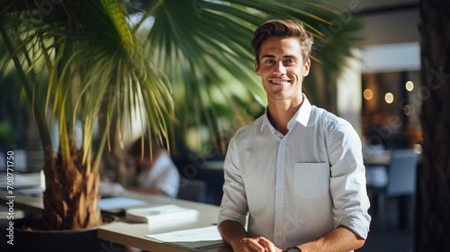 Young male professional smiling in front of palm tree photo