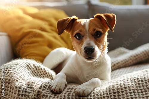 Curious Jack Russell Terrier puppy looking at the camera busking in the sunlight. Adorable doggy with folded ears, alone on the couch at home. Close up, copy space, cozy interior background.