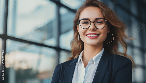 happy young professional business woman with glasses smiling, successful woman. Generative AI