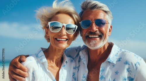 Happy retired couple smiling on beach © duyina1990