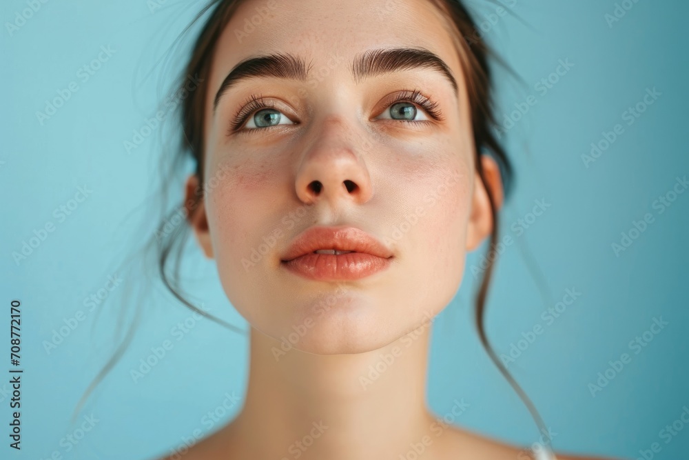 Close-up studio portrait of a woman with a serene expression, isolated on a sky blue background Close-up studio portrait of a woman with a serene expression, isolated on a sky blue background