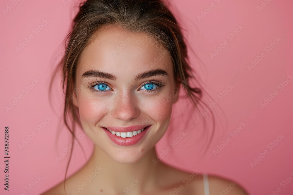 Close-up studio portrait of a young woman with bright blue eyes, smiling, isolated on a soft pink background Close-up studio portrait of a young woman with bright blue eyes, smiling, isolated on a soft pink background
