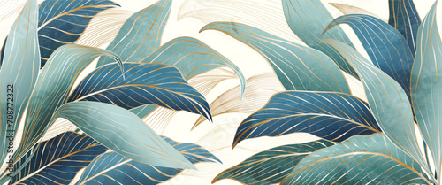 Luxury abstract art background with tropical leaves in blue and green colors in gold line style. Vector botanical banner for decoration, print, textile, wallpaper, interior design, poster.