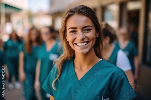 Happy young female nurse with colleagues in the background