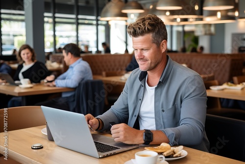Caucasian male freelancer working remotely, checking news and reading information on laptop computer
