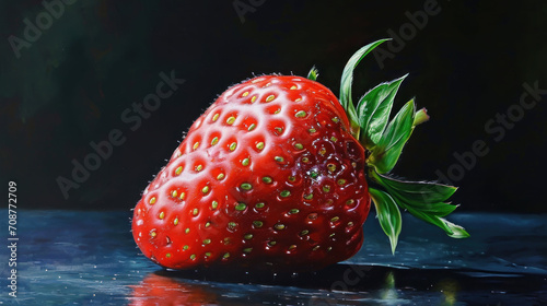  a painting of a red strawberry with green leaves on it's tip, sitting on a blue surface, with a black background behind it is a black background.