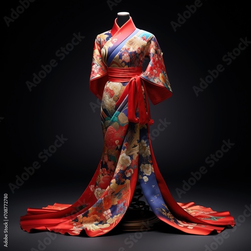 The kimono is spread out and displayed in a women's fashion showcase. Japanese yukata, Japanese clothing.