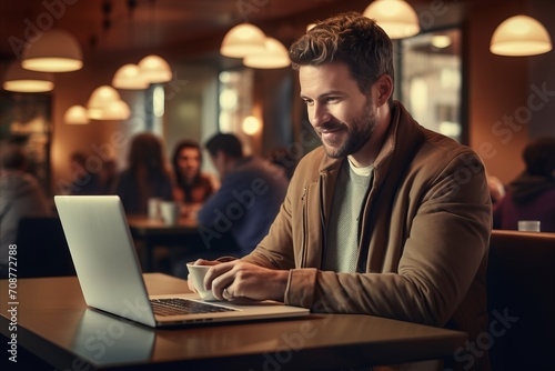 Caucasian male freelancer working remotely, checking news and reading information on laptop screen