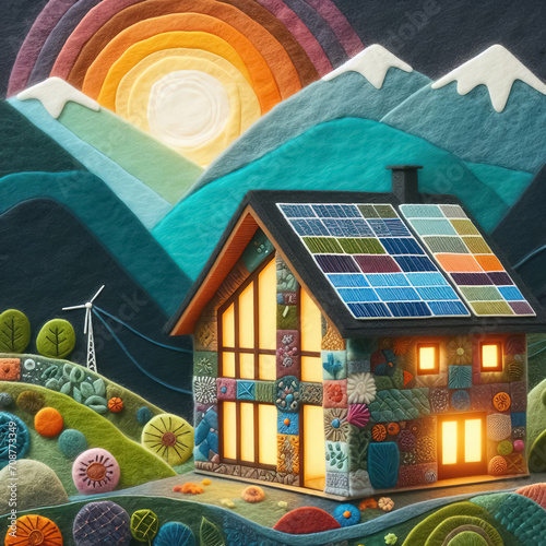 felt art patchwork, Modern house with solar panels on the roof in mountains. End of the day, sunset. Idyllic atmosphere. House with solar cells, home lighting powered by solar energy