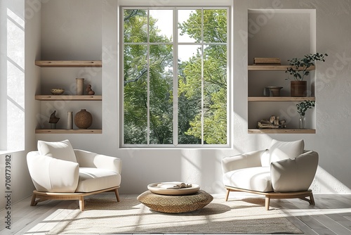 Light lounge room interior with couch and two chairs  shelf and window  mockup