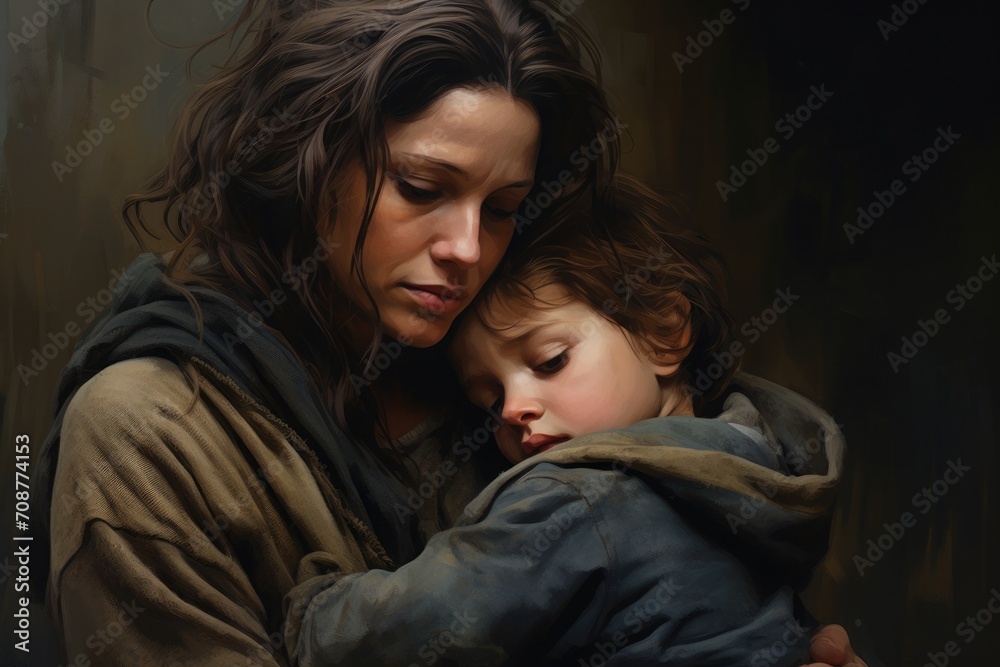 Portrait of sad poor young mother hugging small child, poverty concept and misery. the widow and the baby are crying Portrait of sad poor young mother hugging small child, poverty concept and misery. the widow and the baby are crying
