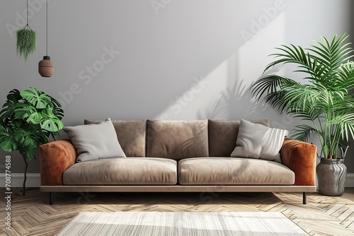 Living room interior has sofa in 3d rendering. Front view of sofa and plant in 3d rendering. © abstract Art