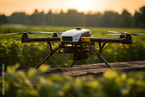 Drone spraying pesticides on soybean field at sunset, closeup