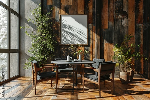 Luxury contemporary dining space with dining table, frame mockup on wood plank wall