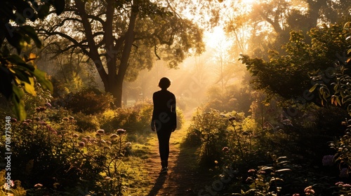  a woman is walking down a path in the woods with the sun shining through the trees and the sun shining down on the grass and flowers in the foreground.