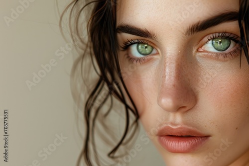 Close-up studio portrait of a woman with striking green eyes, isolated on a beige background