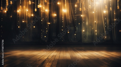 Blurred bokeh effect of elegant broadway theater stage with grand curtain and chandeliers