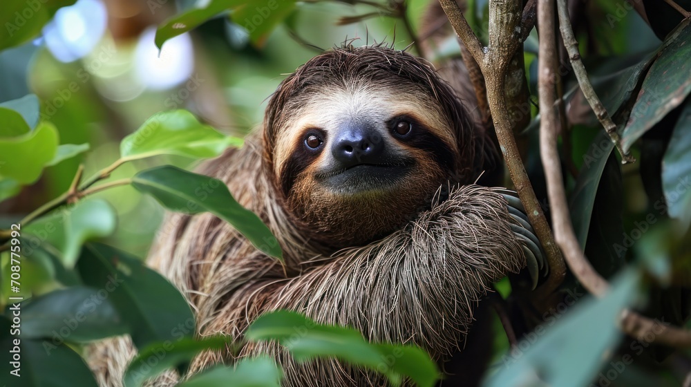 a three - toed sloth hanging from a tree branch in a tropical forest, with its tongue hanging out and eyes wide open, with green leaves in the foreground. a three - toed sloth hanging from a tree branch in a tropical forest, with its tongue hanging out and eyes wide open, with green leaves in the foreground.
