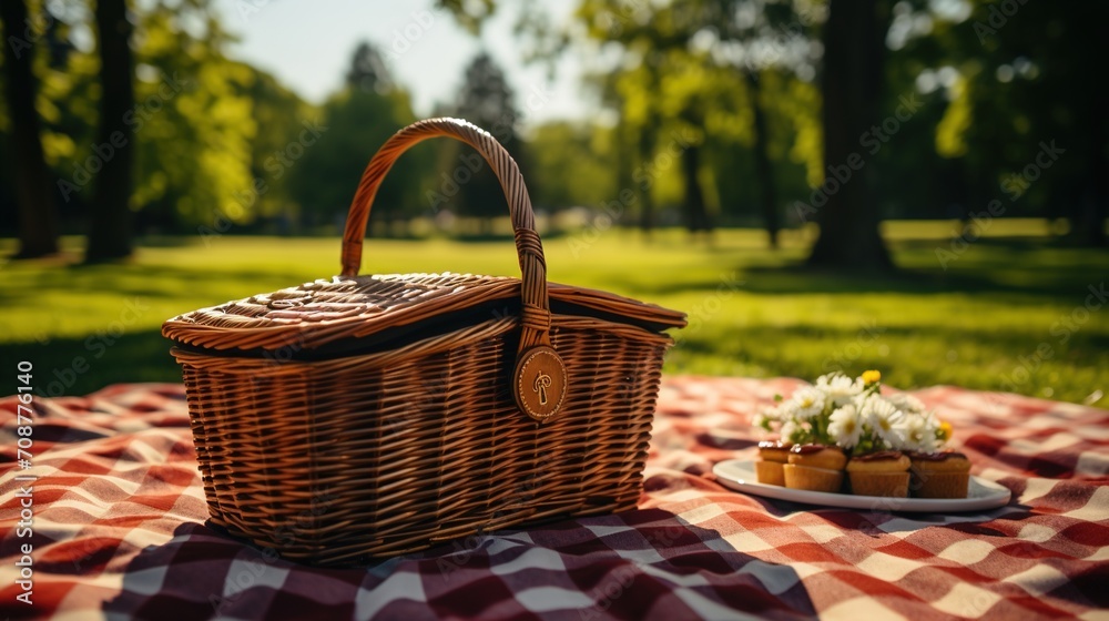 Picnic in the park with a wicker basket full of cupcakes and a red checkered tablecloth Picnic in the park with a wicker basket full of cupcakes and a red checkered tablecloth
