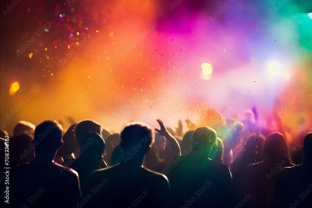 Vibrant concert stage with colorful lights and captivating bokeh effect illuminating a lively crowd