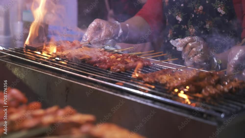 Filipino Street Food Barbecue Ihaw - ihaw at Baguio Night Market - 60fps 4k Slow motion