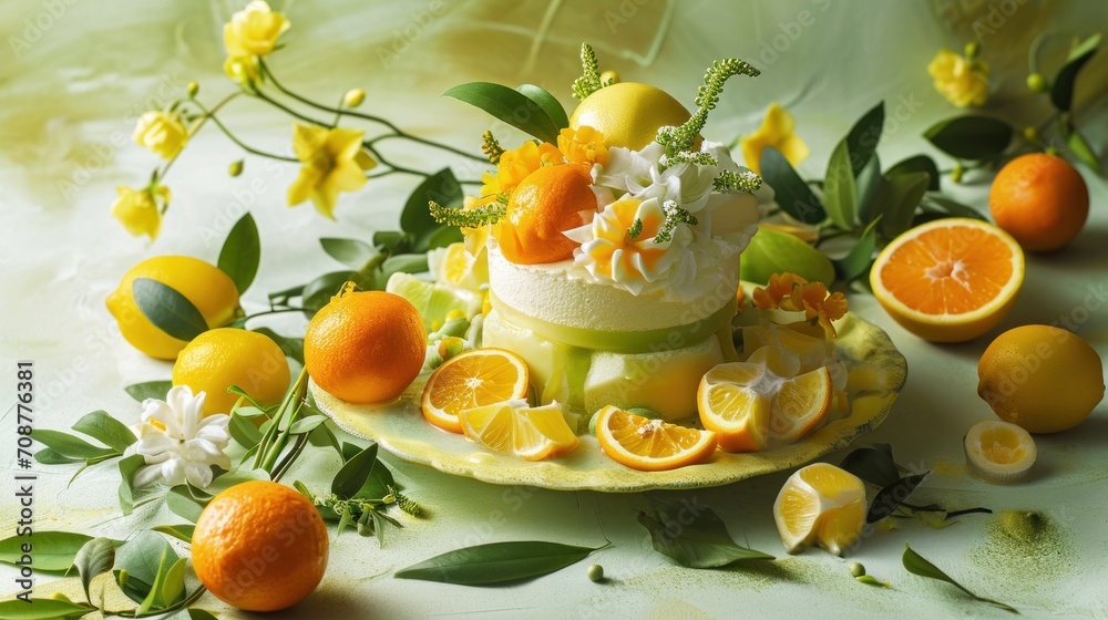a cake decorated with oranges and flowers on a plate with leaves and flowers on the edge of the cake, surrounded by lemons and oranges on a white table cloth. a cake decorated with oranges and flowers on a plate with leaves and flowers on the edge of the cake, surrounded by lemons and oranges on a white table cloth.