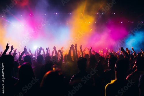 Vibrant concert stage with colorful lights and blurred crowd in a mesmerizing bokeh effect © Ilja