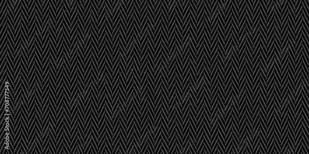 Seamless dark black and grey herringbone tweed textile texture background. Closeup of realistic tileable mottled distressed woolen striped zigzag fabric pattern. High resolution 3D rendering backdrop. - obrazy, fototapety, plakaty 