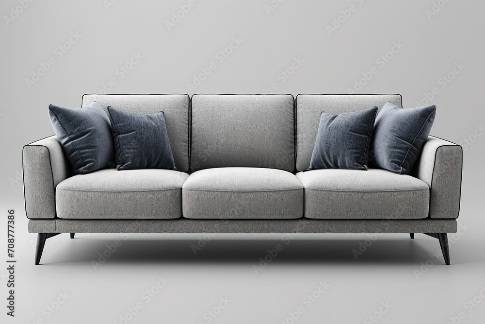 Modern scandinavian classic gray sofa with legs and pillows on gray background. Furniture, interior object, stylish sofa. Gray monochrome interior, showroom. Fabric sofa front view. Single piece .