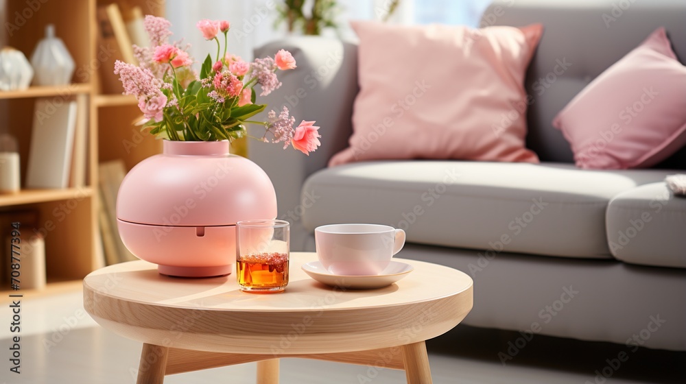 Still life with pink flowers in vase and tea on table