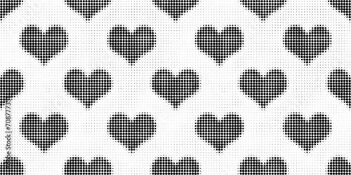 Seamless vintage halftone hearts dot pattern background. Tileable grunge black and white printer ink raster dots transparent texture overlay. Retro comic book or print making love concept backdrop.