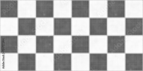 Seamless vintage halftone checker or chessboard square tiles dot pattern background. Tileable grunge black and white printer ink raster dots transparent texture overlay. Retro comic book backdrop. photo