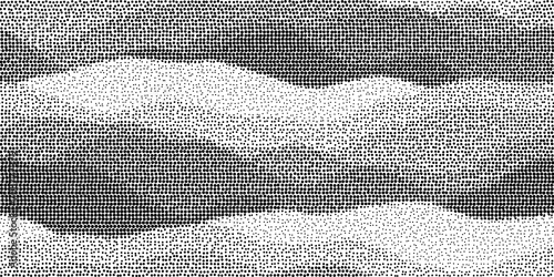 Seamless vintage halftone wavy rolling hills mountain landscape dot pattern background. Grunge black dithered printer ink dots  abstract waves  transparent texture overlay. Retro comic book backdrop. photo